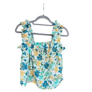 Mine Ruffle, Flowy, Ruched Tank Top, Turquoise, Yellow, White, Size: Large